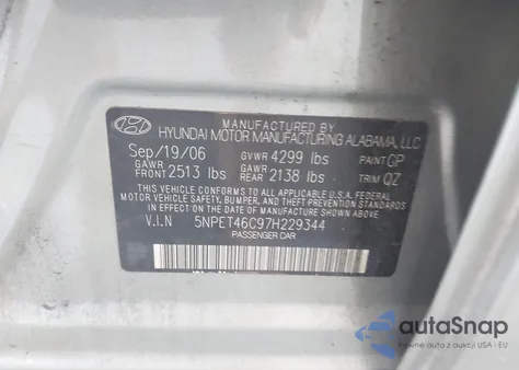 2007 Hyundai Sonata Gls from USA, damaged, VIN 5NPET46C97H229344